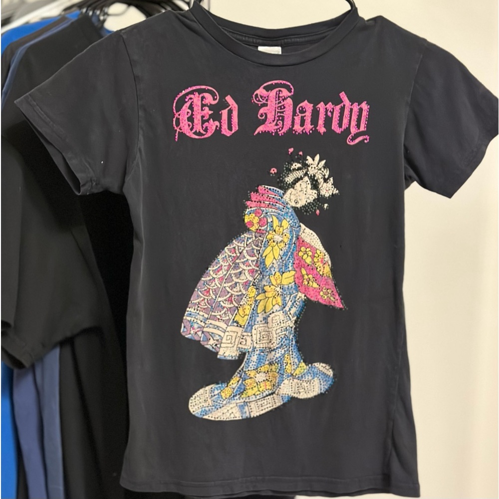 Y2k Ed Hardy tee pink rhinestones vintage